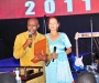 Voice of America broadcaster Shaka Ssali gives his acceptance speech after receiving his award at the Diaspora Dinner held at the Serena Victoria Ballroom on Thursday. Bhind him is Dr maggie Kigozi, the Patron of the Ugandan Diaspora Association PHOTO BY KALUNGI KABUYE